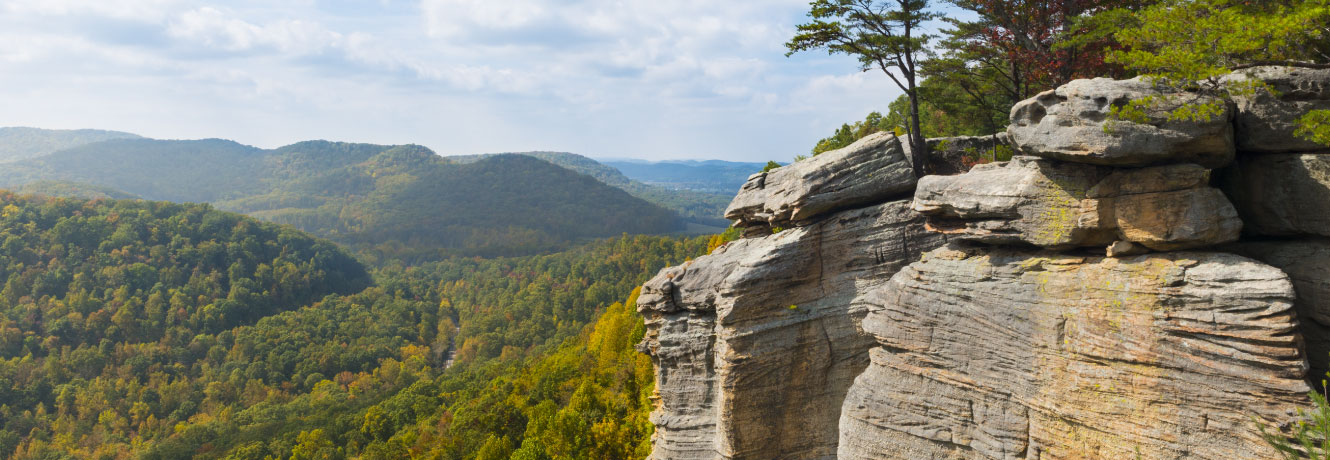 View of hills and valley from a high natural stone lookout point in Madison County, Kentucky
