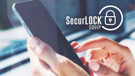 Photo of person holding a mobile phone. The SecurLOCK Equip App logo is in the corner of the photo.