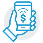 Icon hand holding a cellphone with a wi-fi signal coming from a dollar symbol.